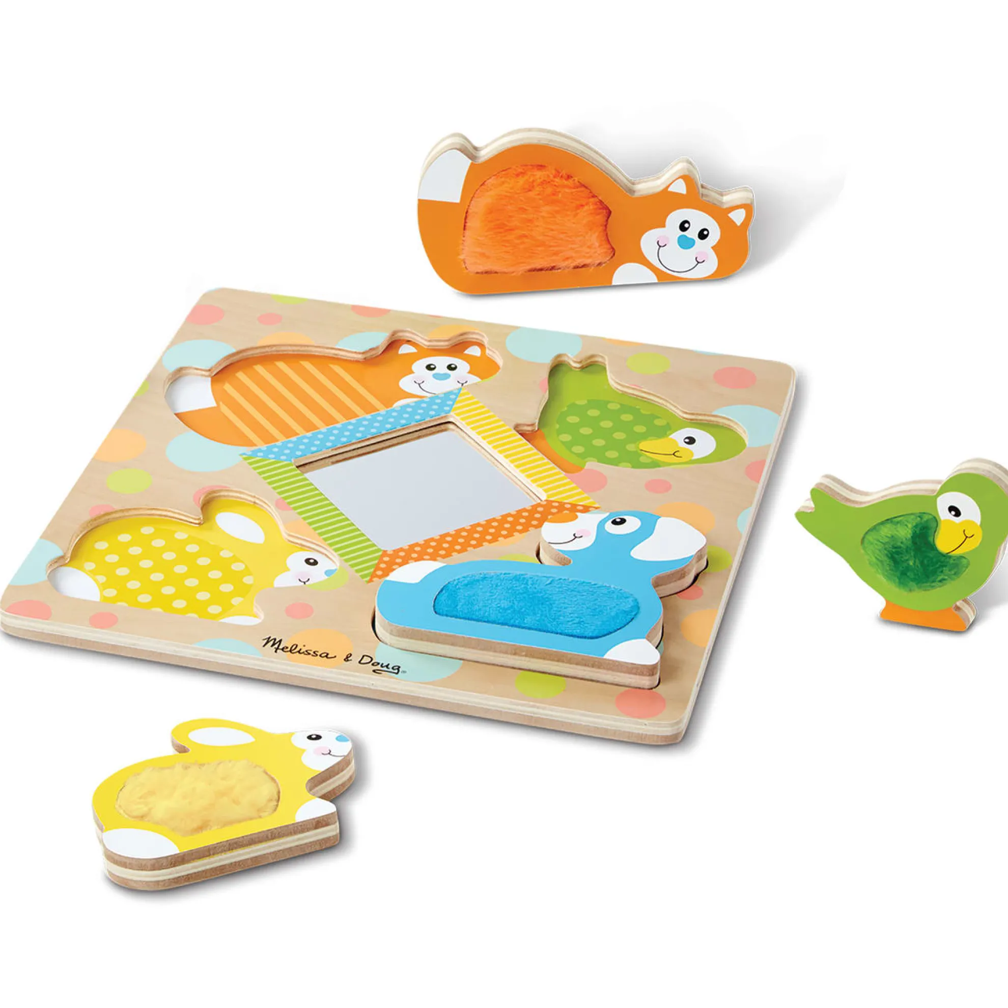 First Play Wooden Touch and Feel Puzzle Peek-a-Boo Pets With Mirror