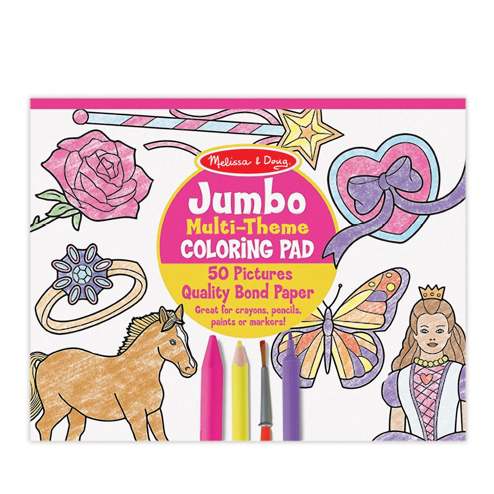 Jumbo 50-Page Kids' Coloring Pad - Horses, Hearts, Flowers, and More