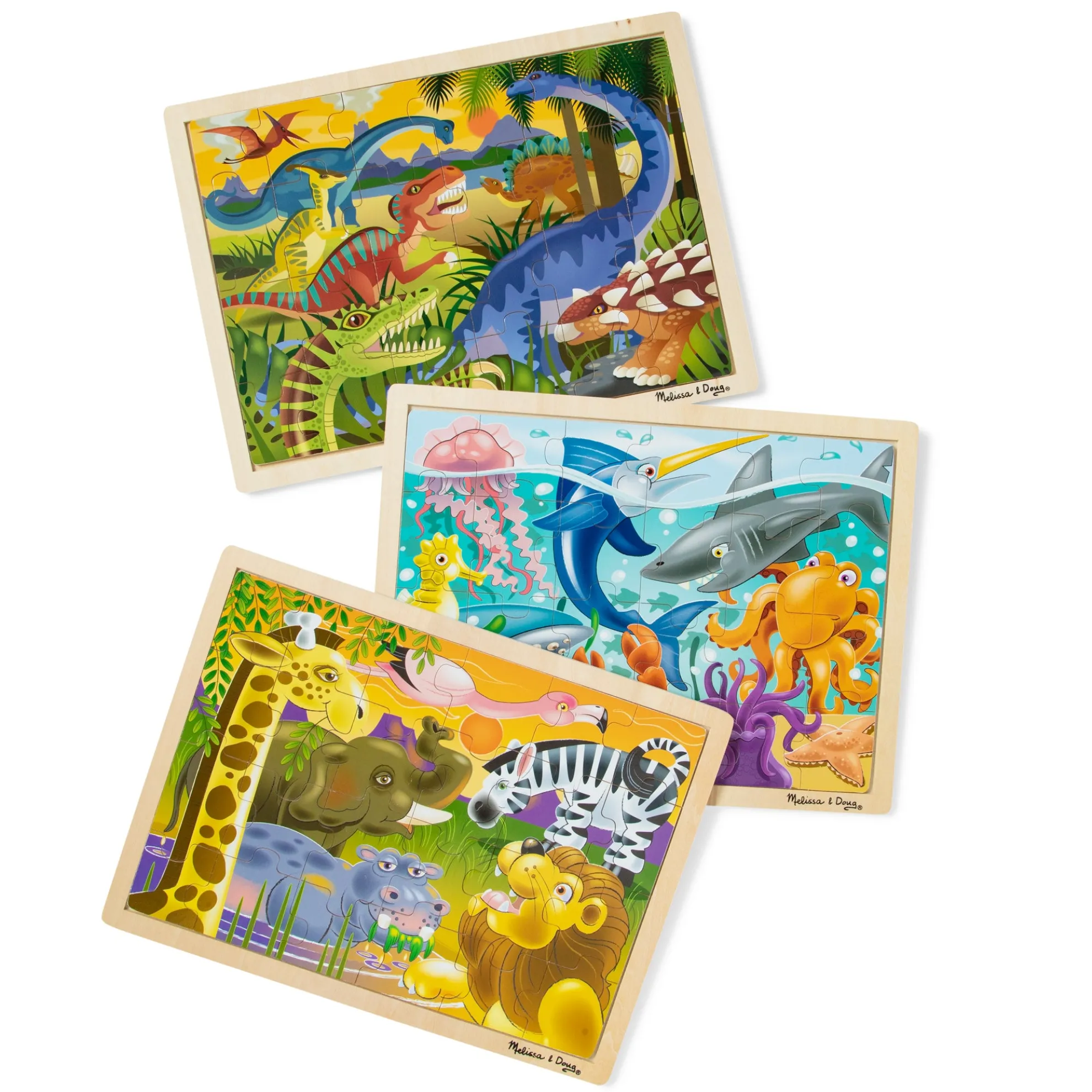 Wooden Jigsaw Puzzle 3-Pack: Dinosaur, African Plains, Under the Sea